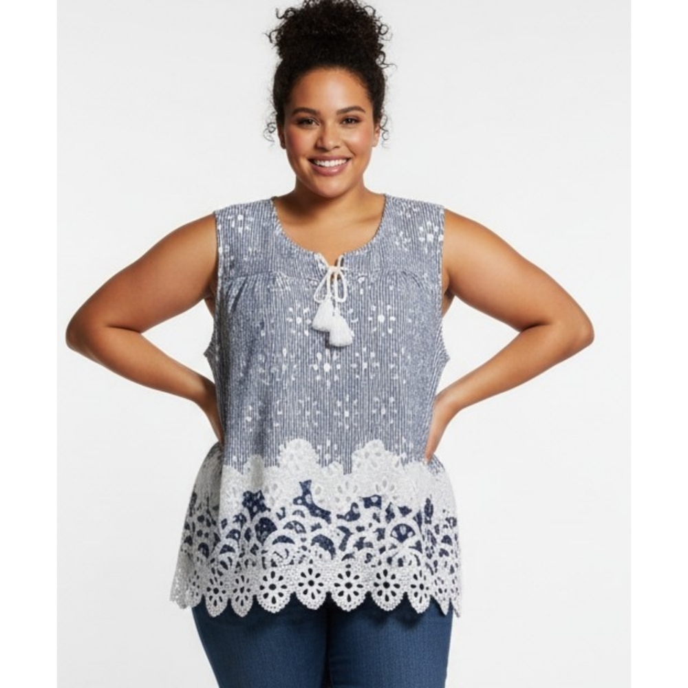 Cato Sleeveless Eyelet Lace Top Blue & White Size 26/28W